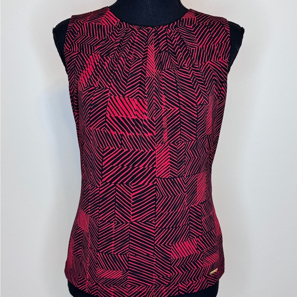 Calvin Klein CK Tank Top Blouse Red Black Womens Petite Small Geometric Stretch